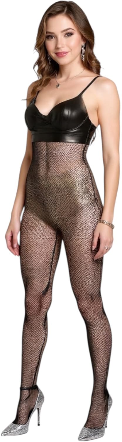 ToBeInStyle Women’s Bodystocking Crotchless Peek-A-Boo Fishnet Lace Bodysuit