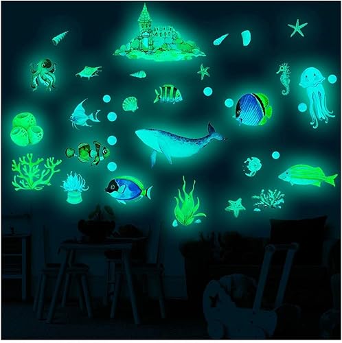 QRDYL Pegatinas de pared del mundo submarino para niños niñas sala de estar dormitorio cocina 3D peces submarinos papel tapiz extraíble reutilizable