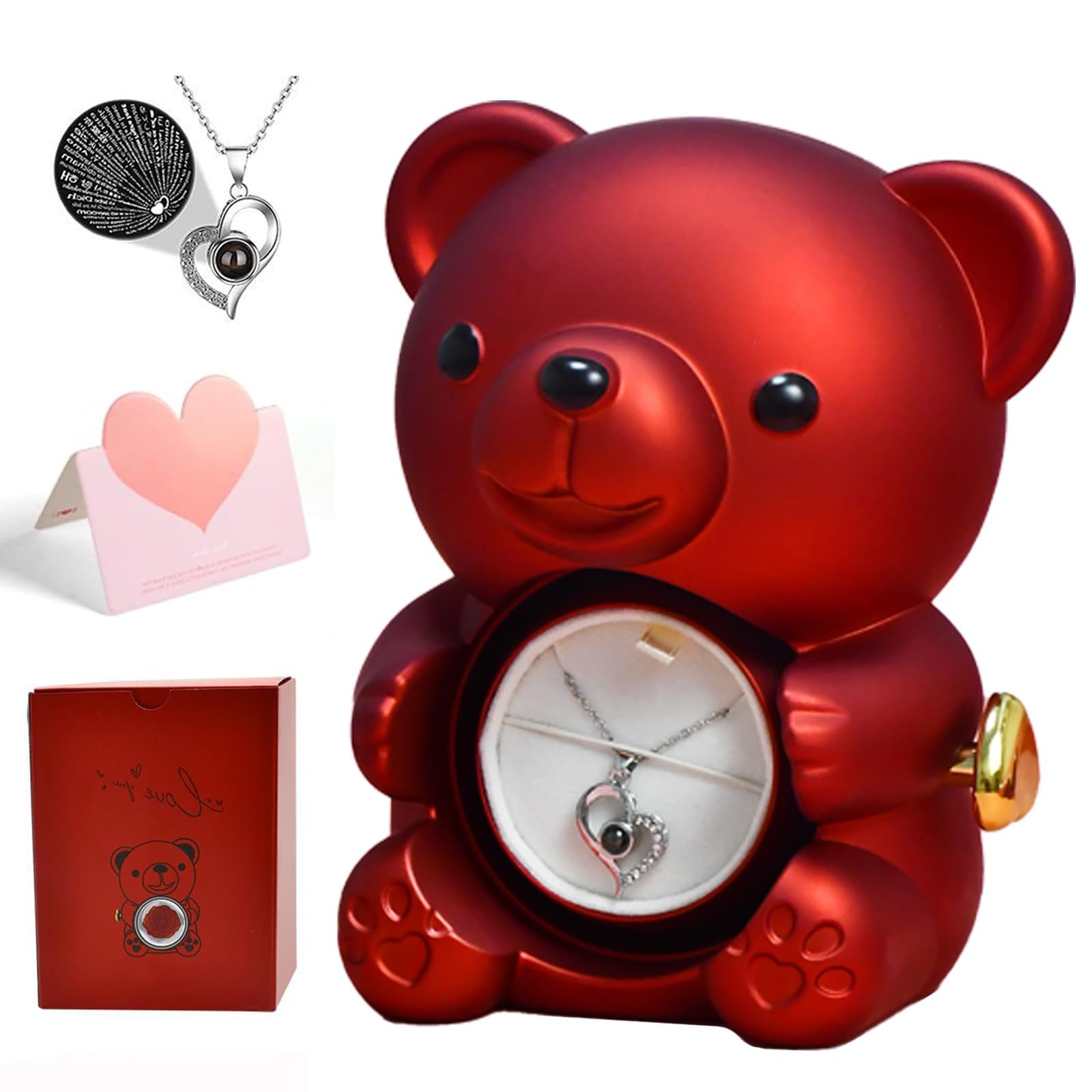 Orsetto Rosa Eterna con Collana a Forma di Cuore,Orso di rosa Eterna Confezione Regalo,Orsetto di Rose Stabilizzate con Scatola per Donna,Mamma,per San Valentino,Festa della Mamma,Anniversario (Rosso)