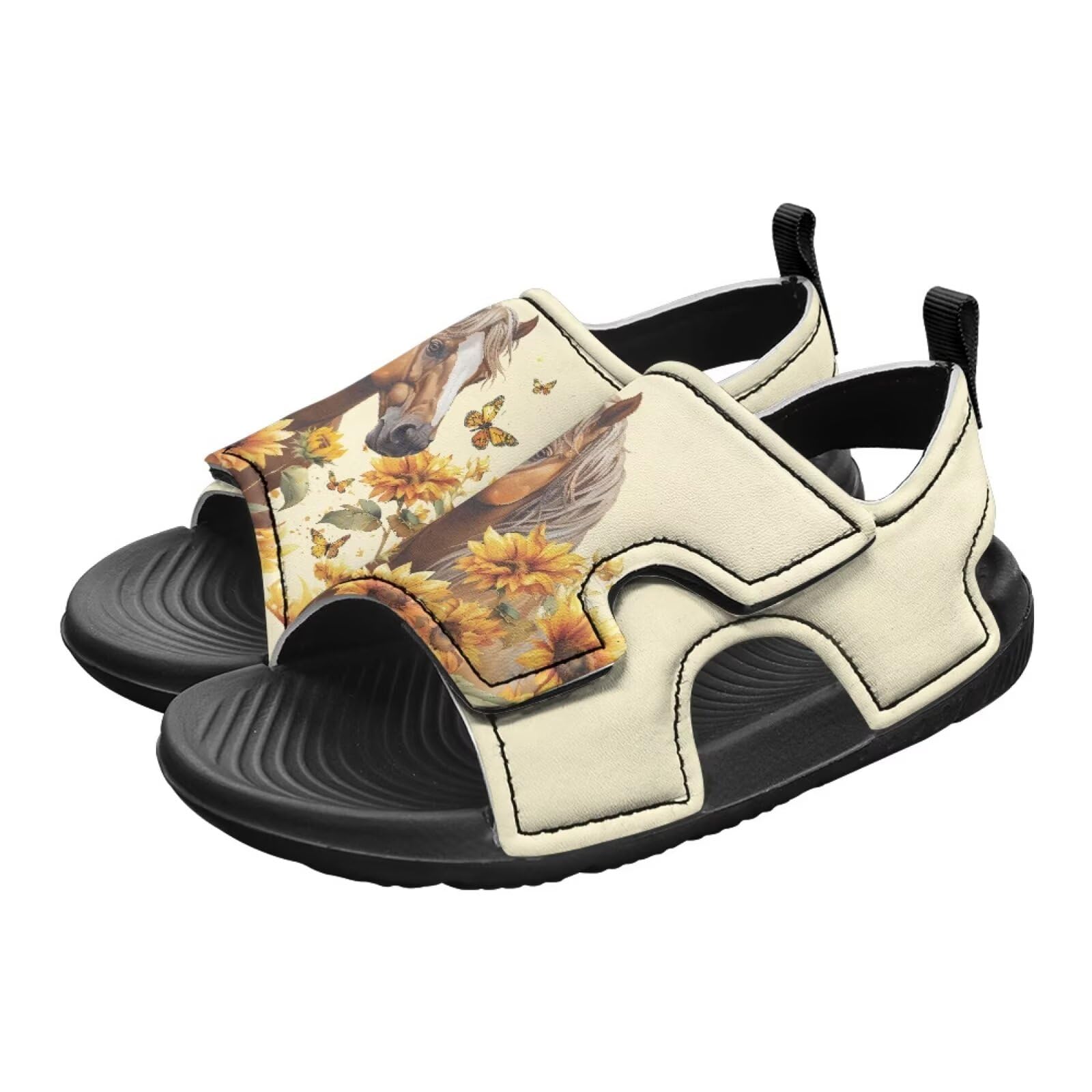 Pointodoor Unisex Kids Sandals Horse Sunflower Print Open Toe Sport Outdoor Athletic Sandals Lightweight Water Shoes Size 2 Boys Girls Summer Footwear