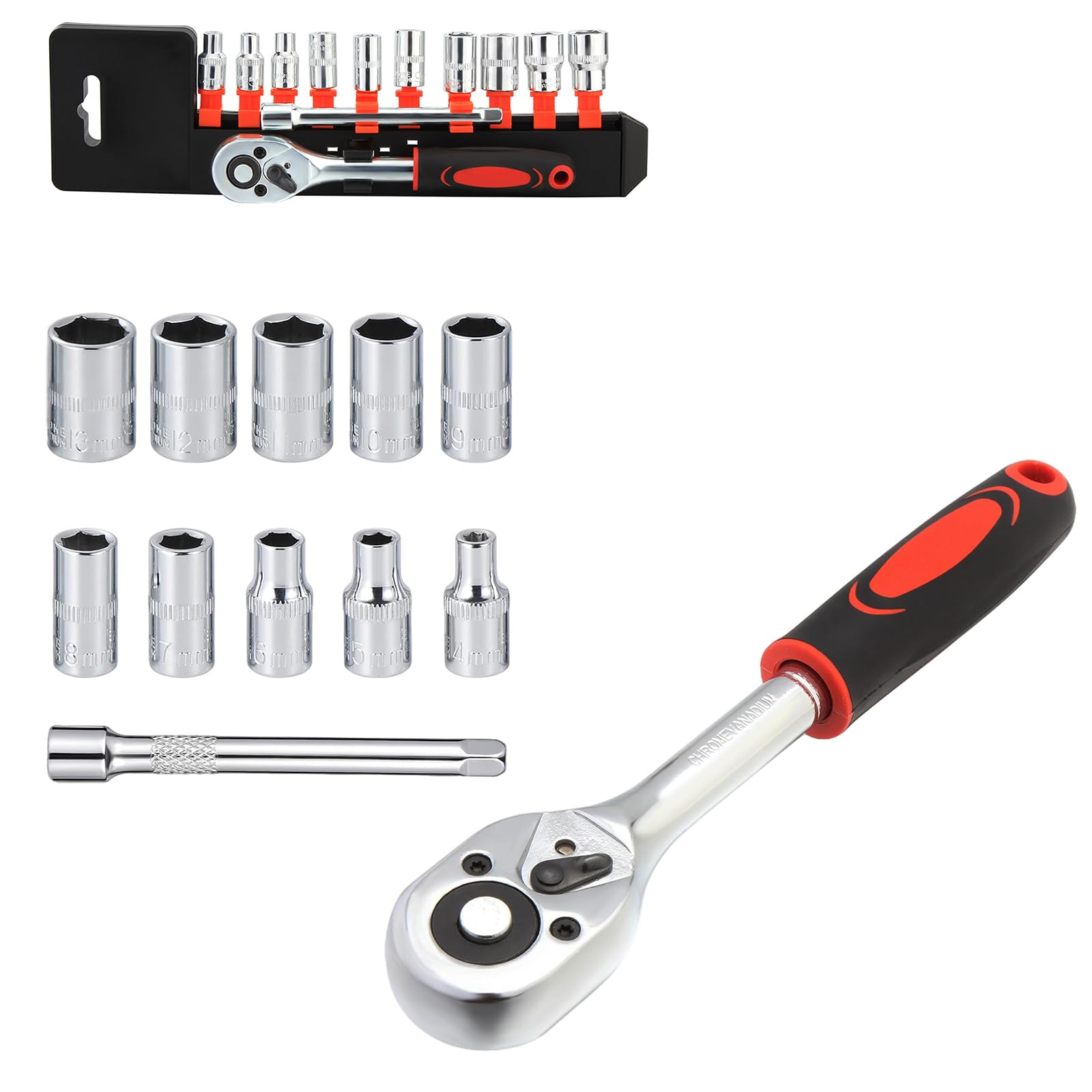 Twilight Garage Chrome 12Pcs 1/4'' Ratchet Socket Wrench Set, Mechanic 4-13Mm Ratchet Socket Tool Set With Quick Release Reversible Ratchet Handle And Extension Bar, Metric Mechanic Tool Kit