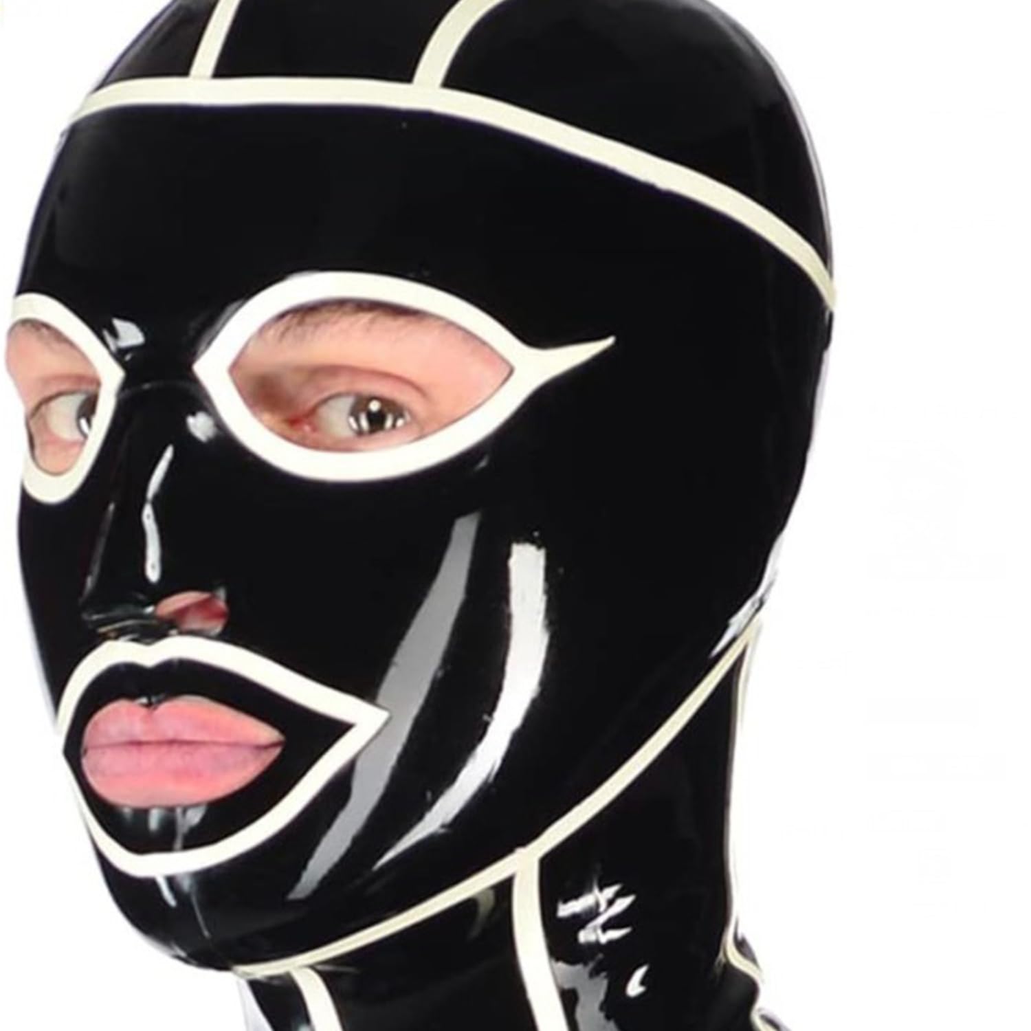 WXLPCGO Latex Hood Halloween Full Face Mask with White Trim Open Eyes Mouth Handmade BDSM Fetish Unisex Cosplay Club(Size:XS-60CM)