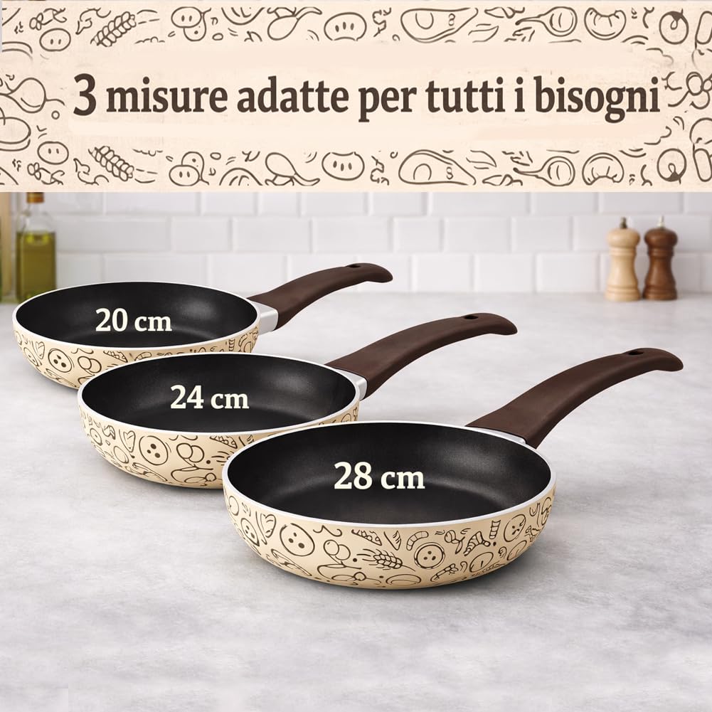 BAKAJI Tris Padelle Pastella da 20-24 - 28 cm con Fondo Antiaderente Cottura Uniforme e Omogenea, Manico Soft Touch, Padella Ideale per Cucinare Rapidamente, Adatto a Piani Cottura Gas