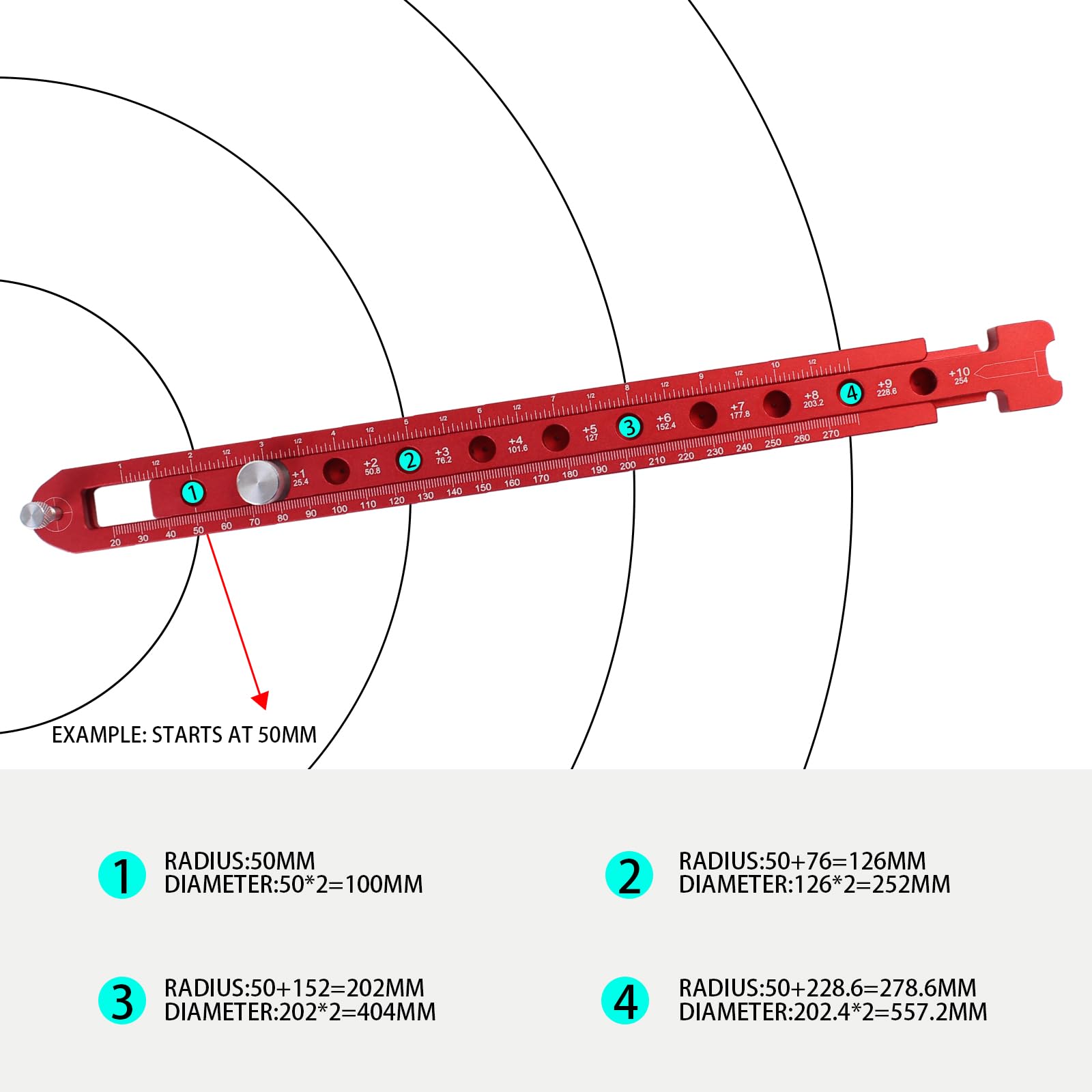 Woodworking Compass Scriber, Dual-Scale Alloy Circle Drawing Ruler, Red Scriber Tool for Woodworking, Metric/Imperial Adjustable Compass Tool for Carpenters and Craftsmen — Amazon image 2