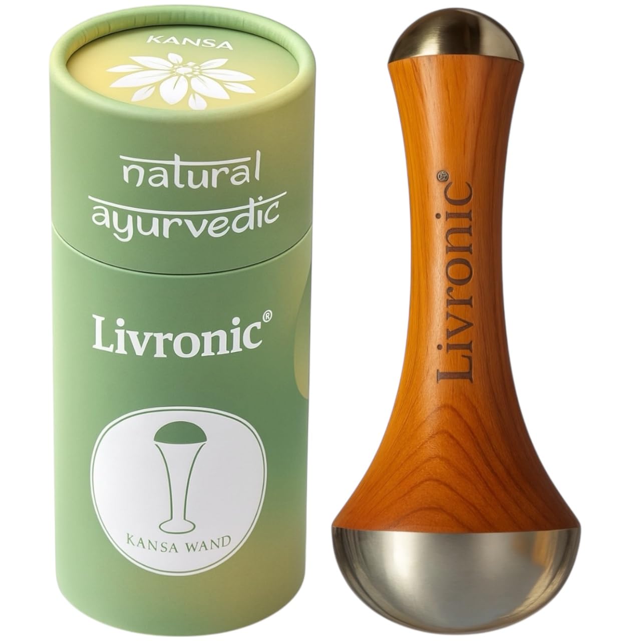 Livronic® Kansa Wand Face, Body & Foot Massager Foot Massager With Wooden Handle For Detoxification And Deep Relaxation (KANSA WAND 2IN1 NATURAL PLAIN)