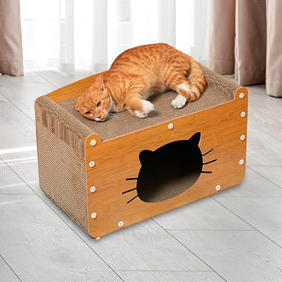 ZEBRA SHOP FUN Casa de Madera para Gatos con Rascador Cartón, Rascador Apilable de Cartón y Madera para Gatos Fácil de Montar (Modelo Felino)