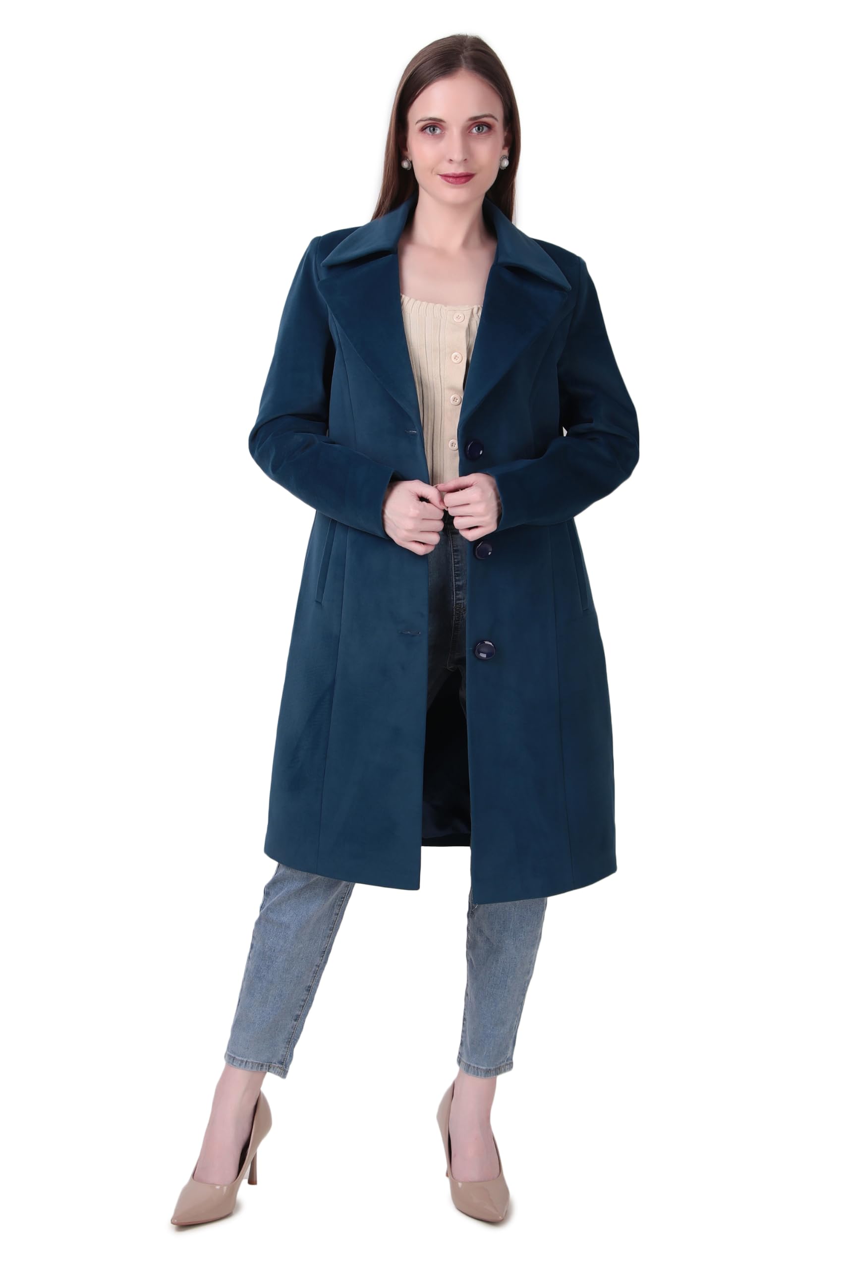 Women's Teal Blue Velvet Wide Lapel Longline Trench Coat | Single-Breasted Winter Overcoat with Front Pockets | Elegant Long Winter Outerwear | Pack of 1-picture-14