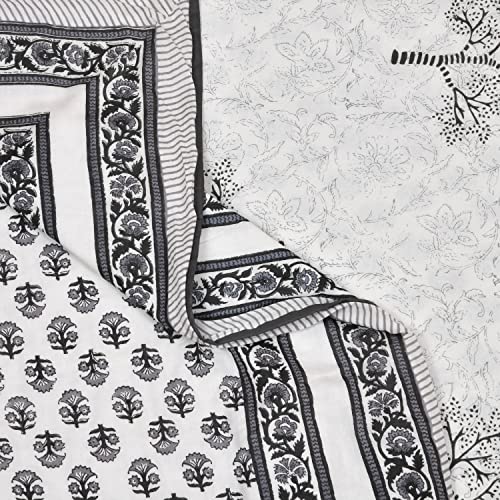 Image of BLOCKS OF INDIA 100% Cotton Dohar King Size Reversible Hand Block Printed Malmal Summer Dohar /Blanket (Grey Tree)