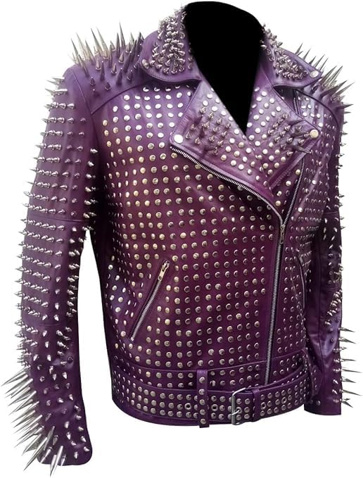 Mens Long Spikes Rock Punk Gothic Studded Brando Silver Studded Motorcycle Biker Cow Leather Jacket Purple/Black2