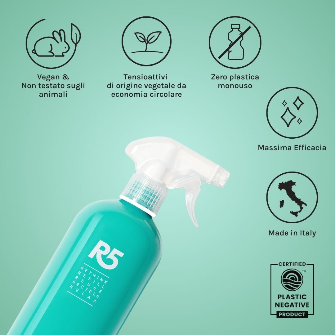 R5, Multipack 12 Refill Vetri, Detergente Vetri, Ideale per la Pulizia di Vetri, Cromature e Cristalli, Fragranza Acacia e Rosmarino, Made in Italy