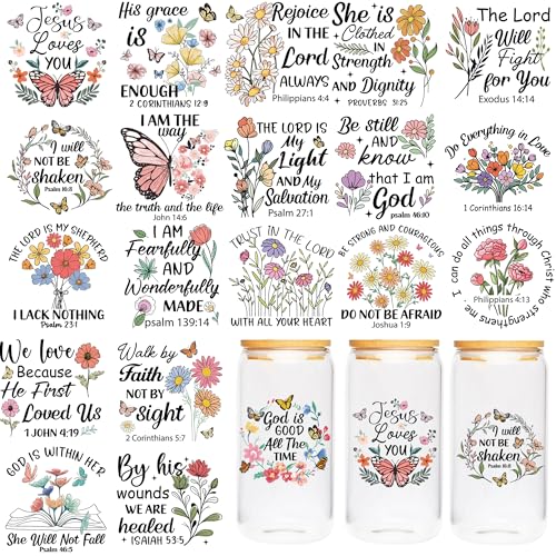 Butterfly UV DTF Cup Wraps - 20 Sheet Bible Verse UV DTF Transfer Stickers, Flower UVDTF Cup Wraps for 16 oz, Inspirational Quote Waterproof Decals for Glass, DIY Crafts