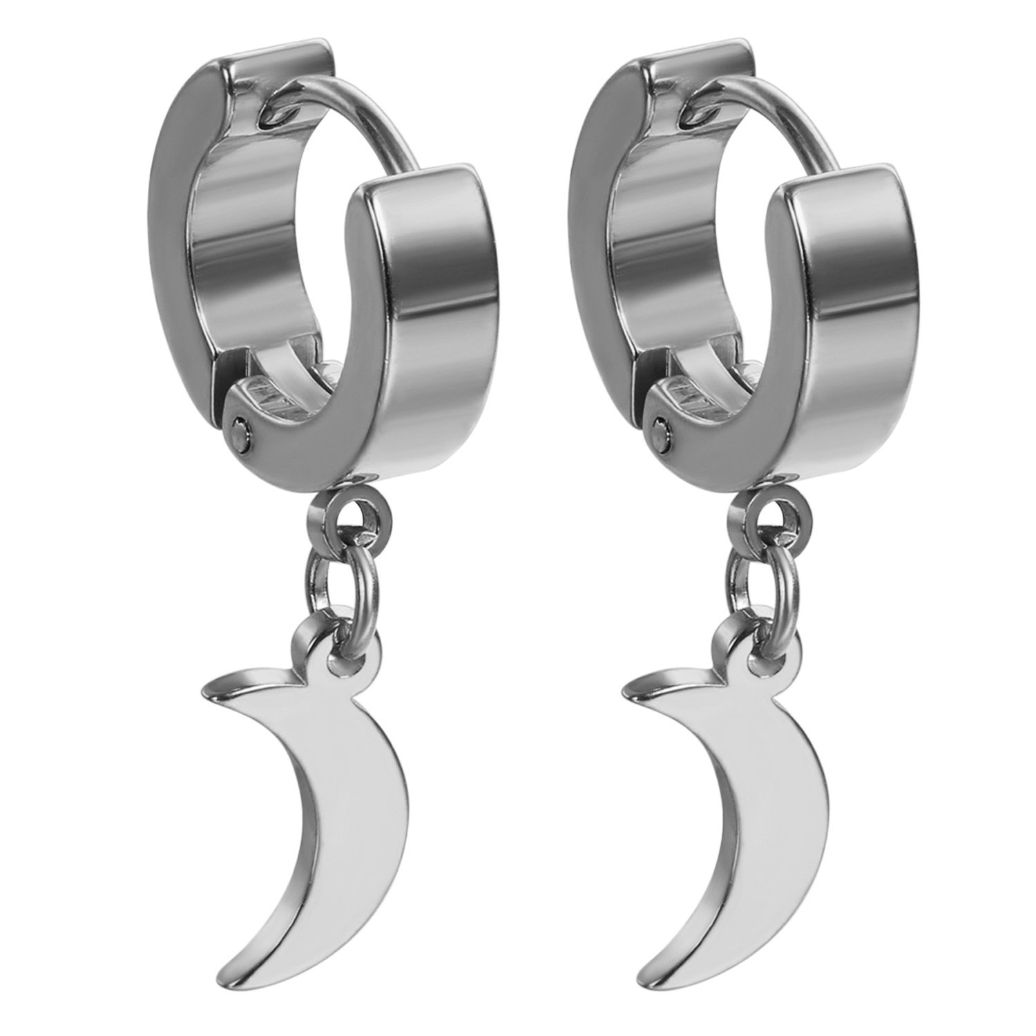 FlongoMen's Womens Punk Stainless Steel Moon Dangle Huggie Hoops Earrings, Stainless Steel
