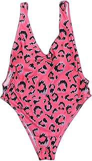 Trajes de baño de una pieza para mujer, con escote en V profundo, color blanco, sin espalda, estampado de natación, color rosa, talla L