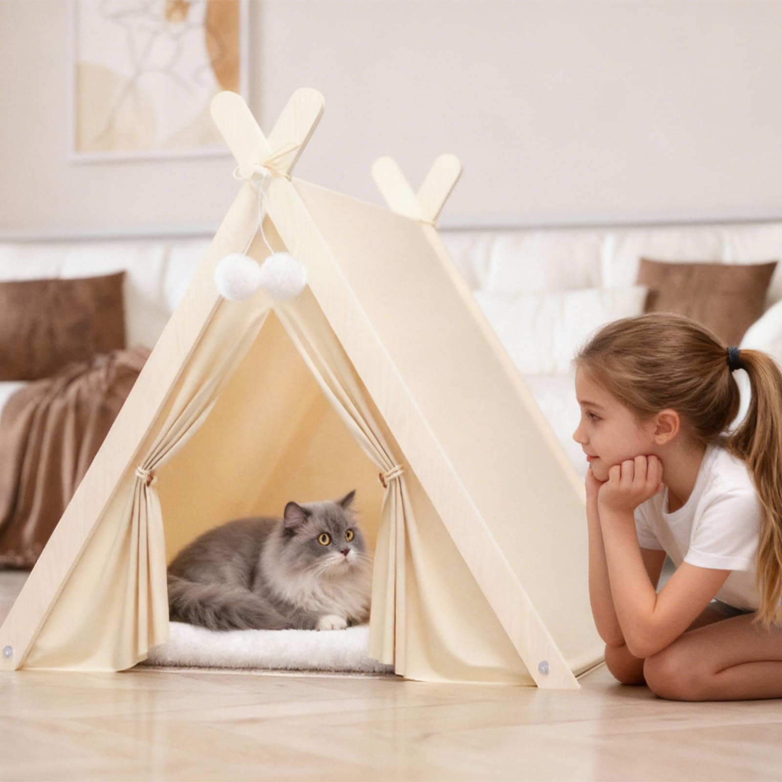 PETCUTE Haustier-Tipi Zelt für Katzen, Kätzchen und kleine Hunde, faltbares Hundezelt mit dreieckigem Holzrahmen und abnehmbarem, waschbarem Kissen, gemütlicher Katzenzelt für Indoor Outdoor,Beige