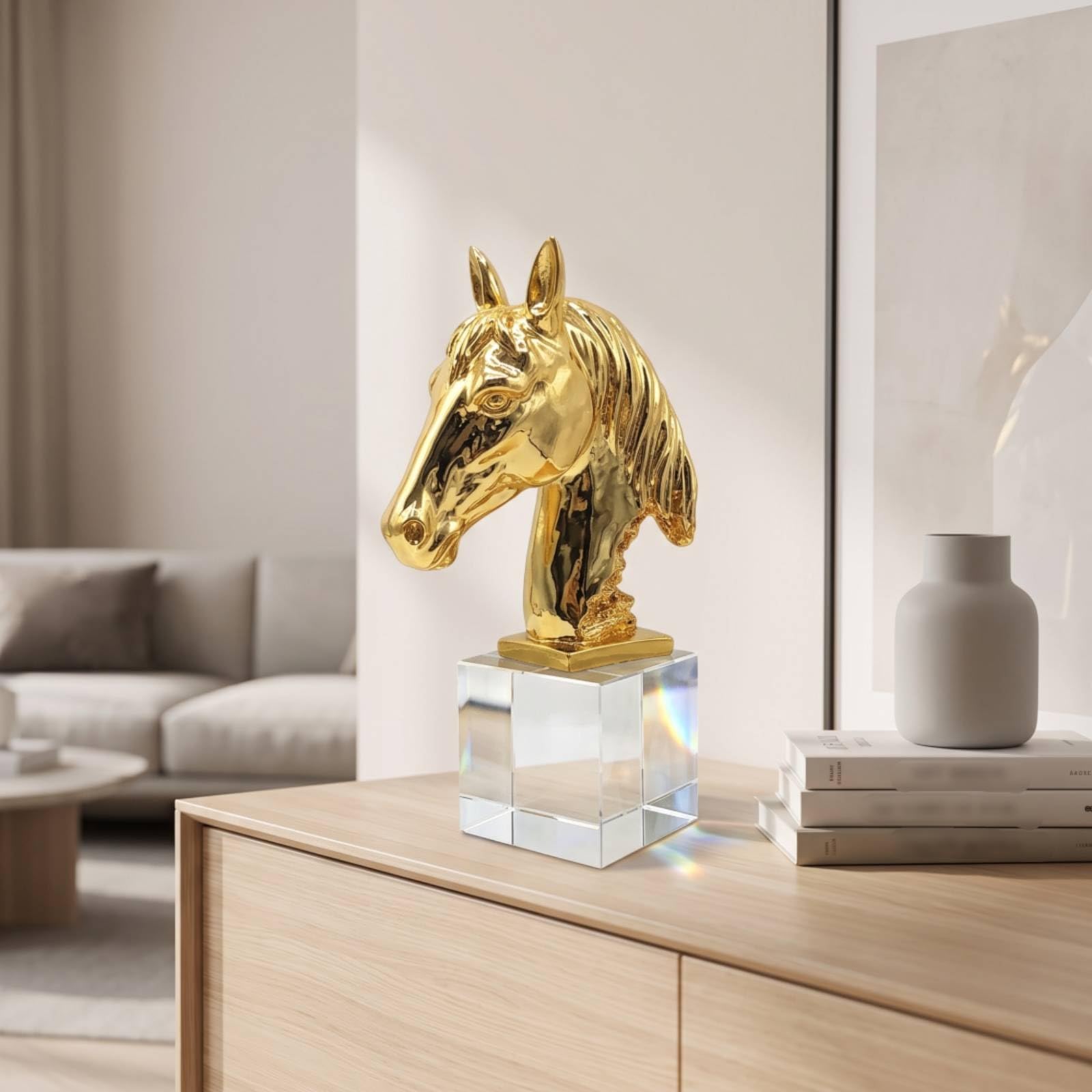 Estatua de Caballo en Resina Cabeza de Caballo Escultura Figura Adorno con Melena Detallada y Soporte de Cristal Que la Pieza Adecuada para Sala de, Transparente