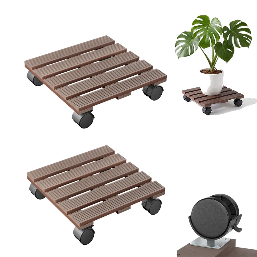 LARS360 2 x WPC Plant Roller, Plant Caddy 30×30cm, 100kg Load, Flower Roller with Wheels, Saucer, Rolling Board, Plants Pot Roller for Outdoor and Indoor Use - Square, Light Brown