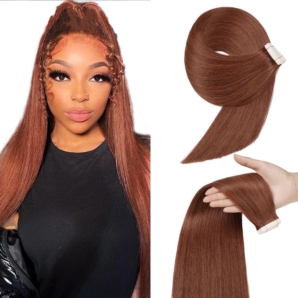 Photo 1 of 12 Inch #33 Reddish Brown Tape in Extensions Human Hair Copper Red Straight Tape ins Hair Extensions Auburn Brown Hair Skin Weft Seamless Invisible Remy Hair 45g 20Pcs.