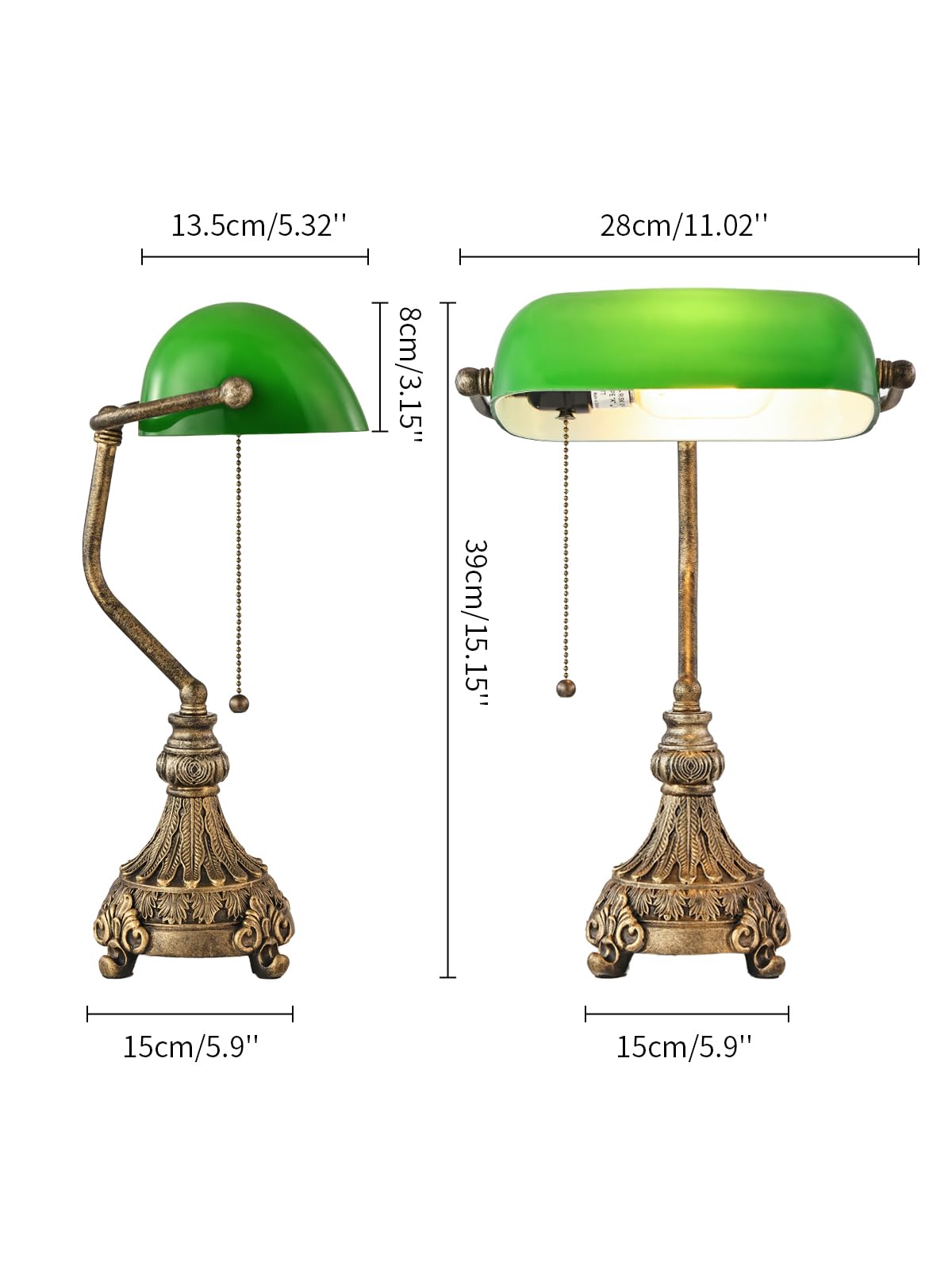 Lámpara de escritorio vintage de cristal verde para oficina en casa o biblioteca, con interruptor de cadena y enchufe, bombilla LED incluida.