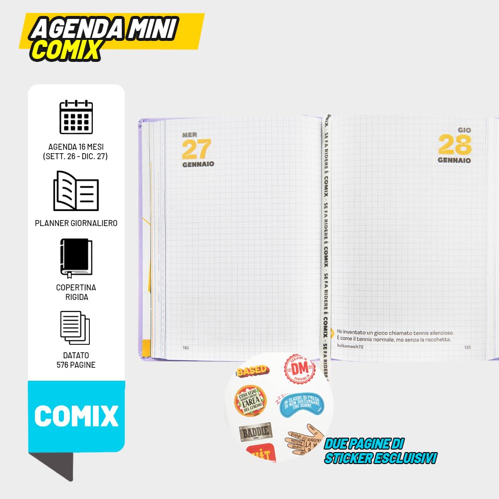 COMIX - Agenda 2027 Giornaliera 16 Mesi, Diario per Scuole Medie e Superiori, con Copertina Rigida, 576 Pagine con Grafiche e Fumetti, Ideale per Ragazzi e Ragazze, Formato Mini 11x15,3 cm