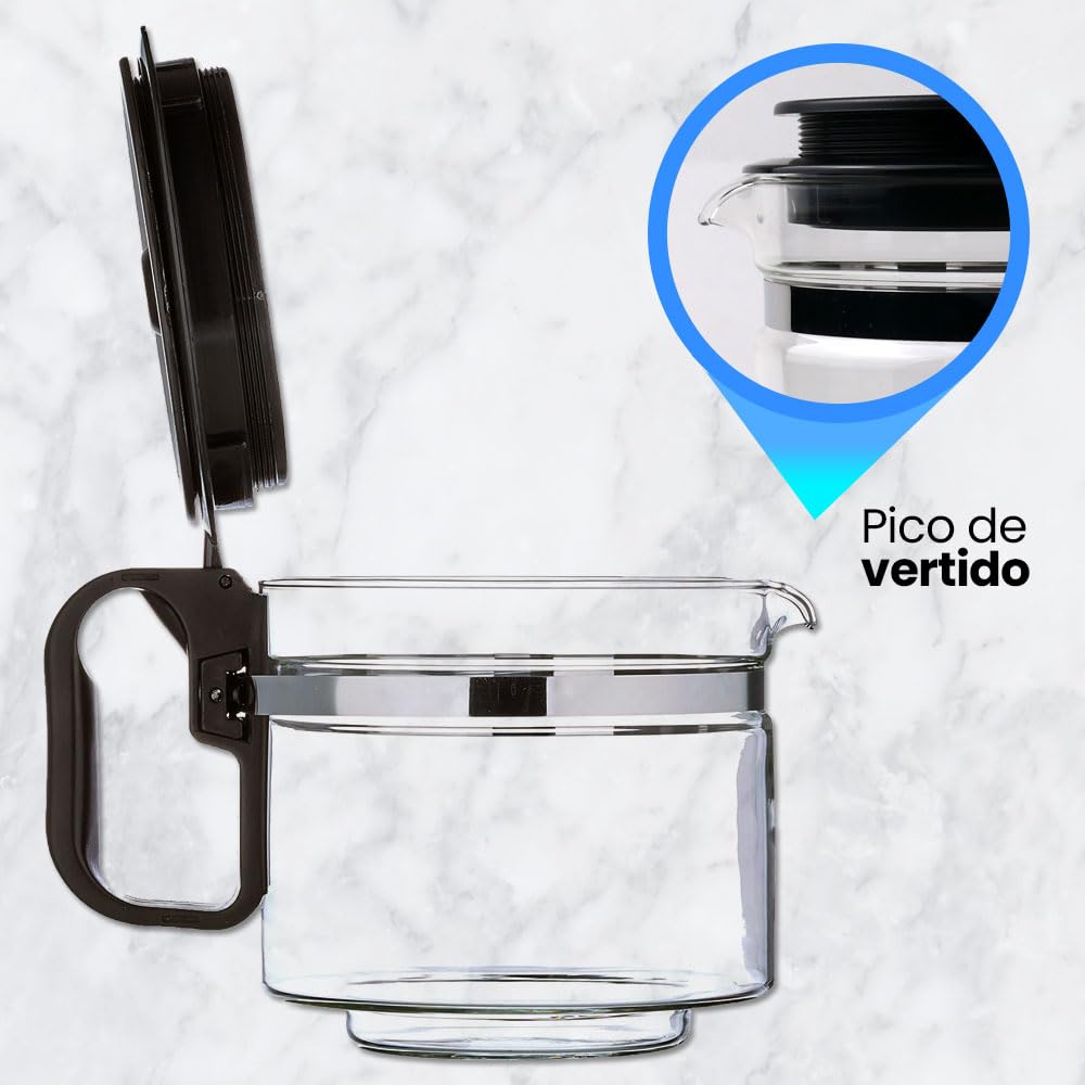 Anakel Home Jarra Cafetera Universal Grande Compatible con Cafetera Americana o de Goteo Eléctrica | Vidrio, Tapa Antigoteo, Altura Regulable 12,5-15 cm, 900ml | REVISAR MEDIDAS