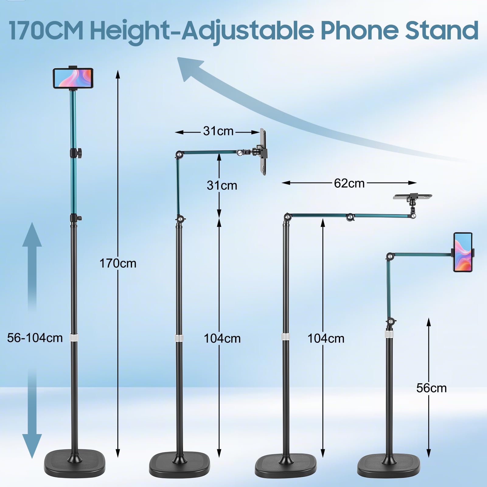 Gugxiom Overhead Stativ Handy, 170cm Handy Ständer für Smartphone, 360° Drehbare Handyhalterung für Kochvideos, Zeichnen, Live-Streaming, Meetings und Videoaufnahmen