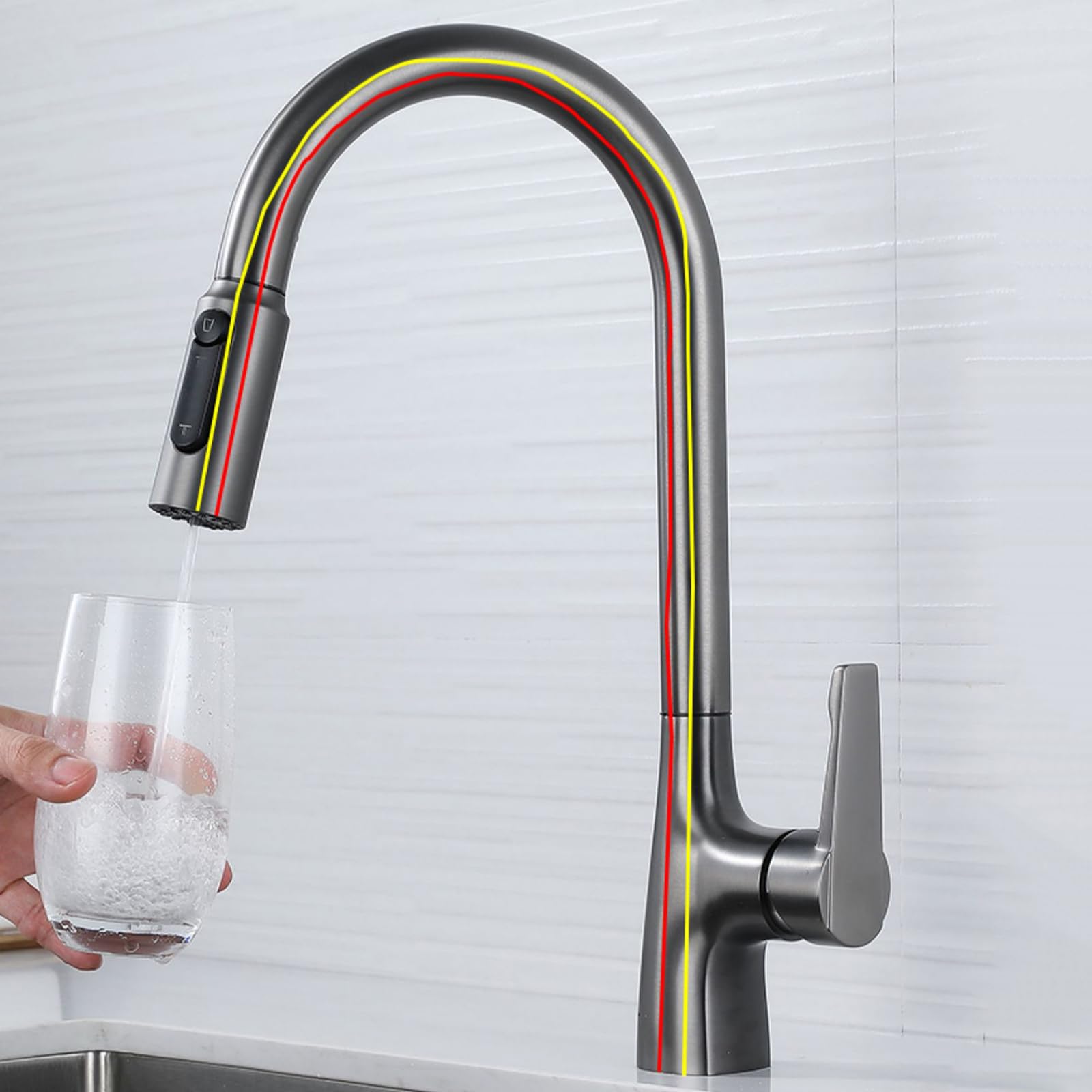 Robinet de Cuisine à col de Cygne Haut, 3 Voies, Bec extractible, poignée Unique, Double Fonction pour l'eau Potable, Design élégant, Installation en Angle Peu encombrante