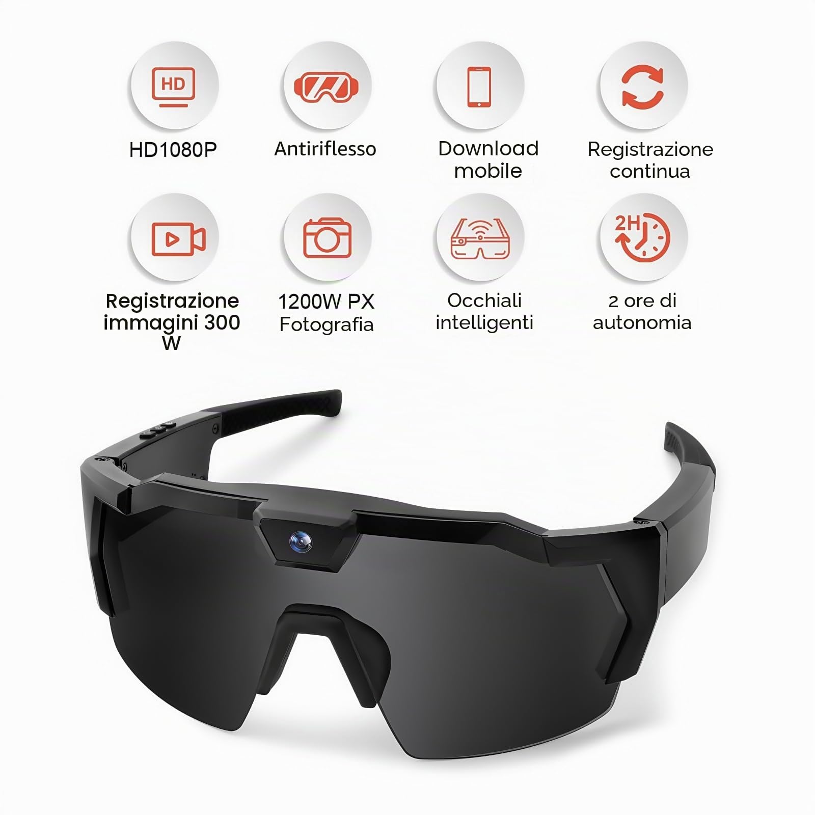 Occhiali da Sole Sportivi con Telecamera 4K HD, Smart Glasses con Registrazione Video e Audio, Mini Action Camera Indossabile per Ciclismo e Attività Outdoor