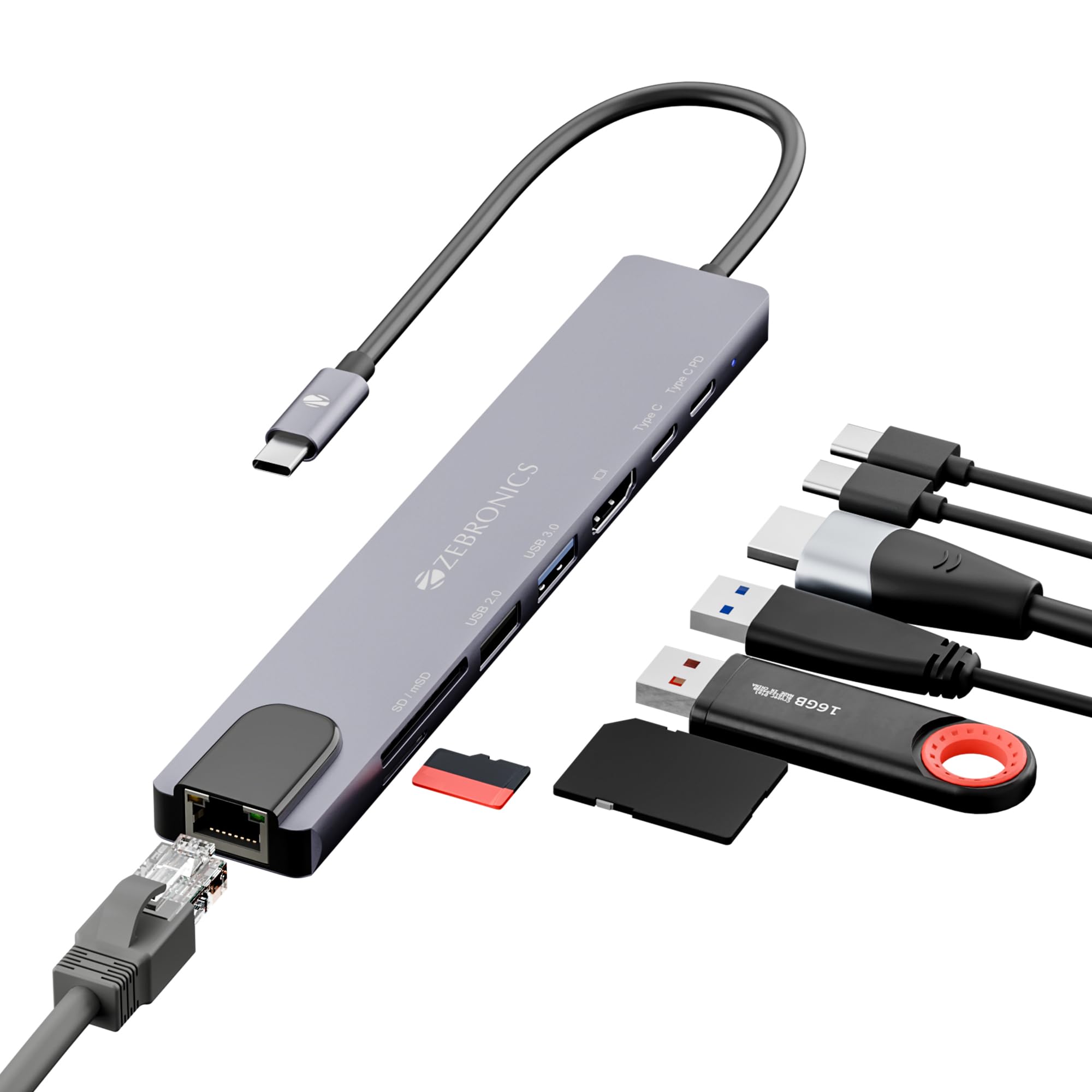 ZEBRONICS CT81 (8 in 1) Multiport HUB, 4K HDMI, 100 Watts PD Charging, USB 3.0, 2X Type C, 2X USB, SD, mSD, RJ45, Compact Metal Design, LED Indicator, Multi OS Compatible