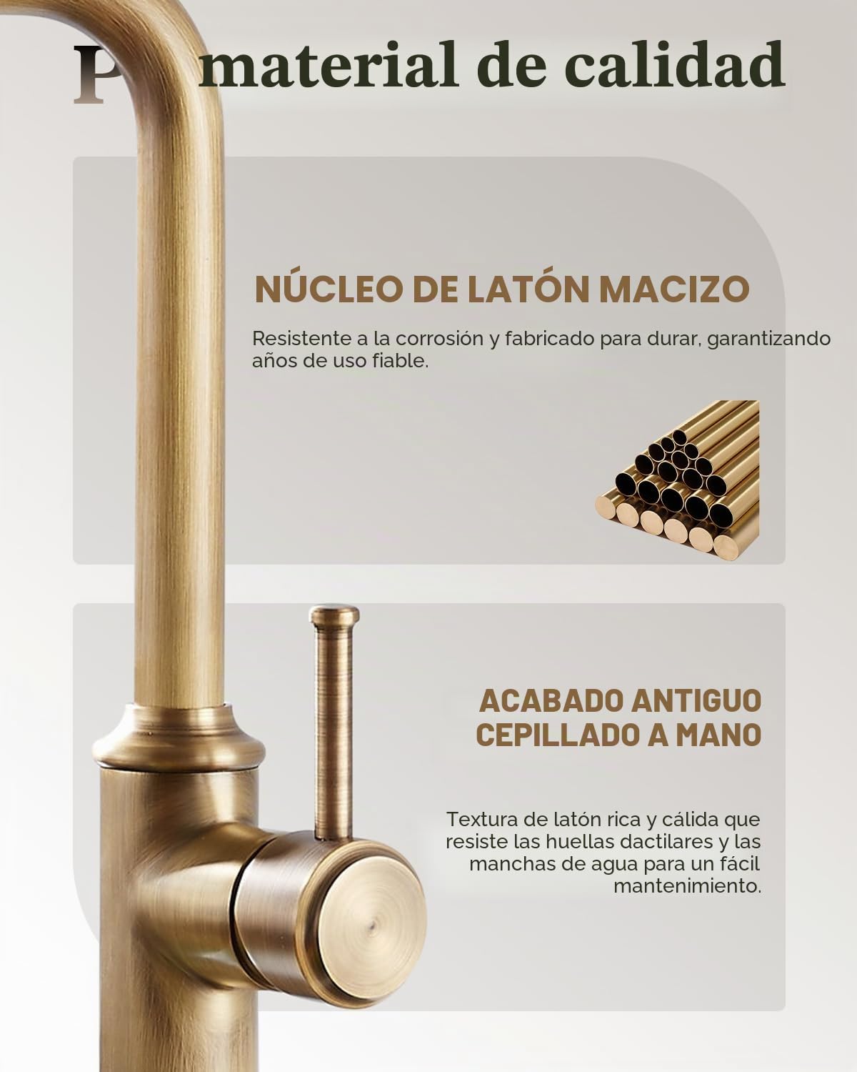 Grifo de cocina, grifo de cocina, con pico alto giratorio de 360 °, latón antiguo