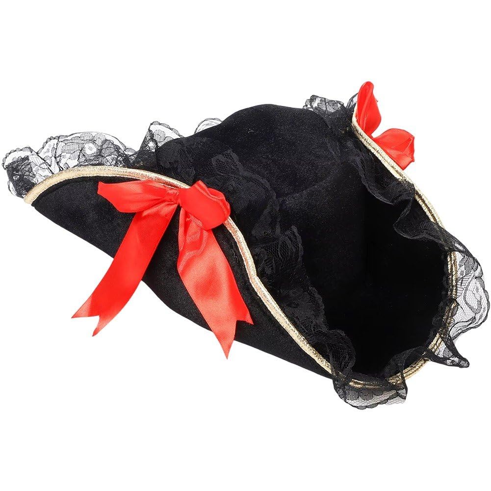 Fituenly Black Pirate Hat for Women, Adult Colonial Three Cornered Cocked Tricorn Hat for Adults, Buccaneer Cap, Pirate Accessories Women - Black with Trim Lace