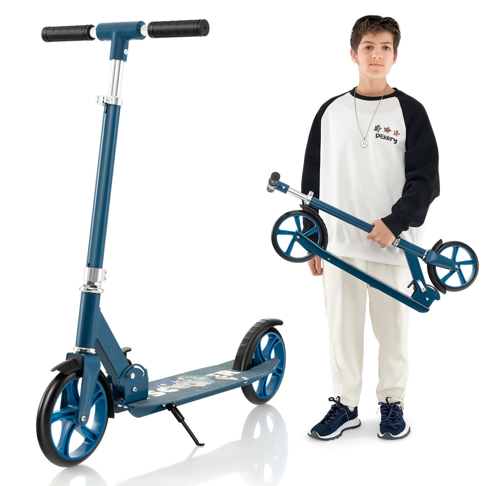 Costzon Kick Scooter for Kids Ages 8+, Foldable Kids & Adults Scooter with 8-inch Big Wheels, 3 Adjustable Heights, Max Load 220 LBS, Portable Scooters for Teens Boys Girls Gifts Presents (Blue)