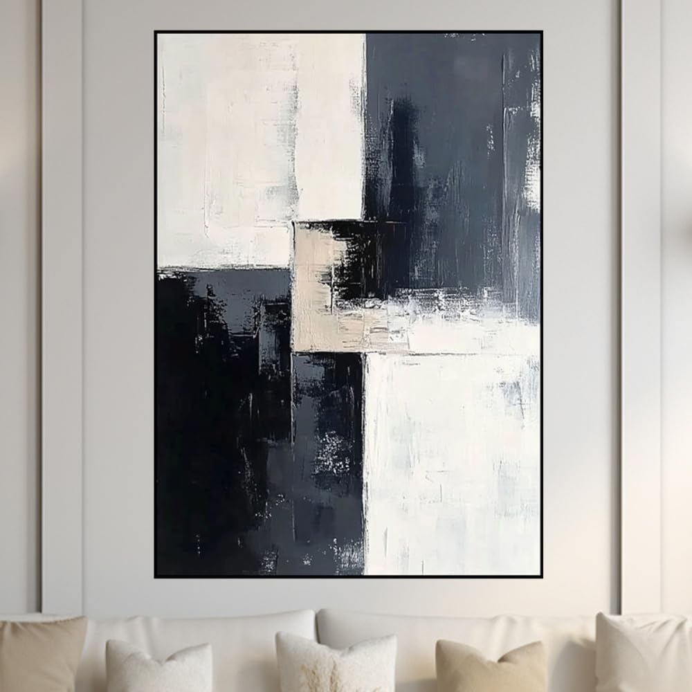 Czarno-białe nowoczesne abstrakcyjne płótno ścienne bardzo duże obramowanie do salonu dekoracja wejściowa (60 x 100 cm 24 x 39 cali) czarna ramka