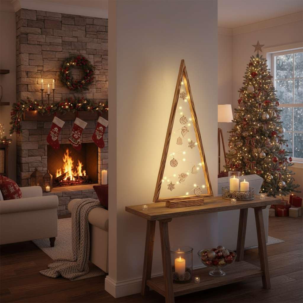BOGATECO Árbol de Navidad de madera con iluminación LED de 104 cm de altura | Decoración de madera incluida | Decoraciones navideñas | 30 LED |