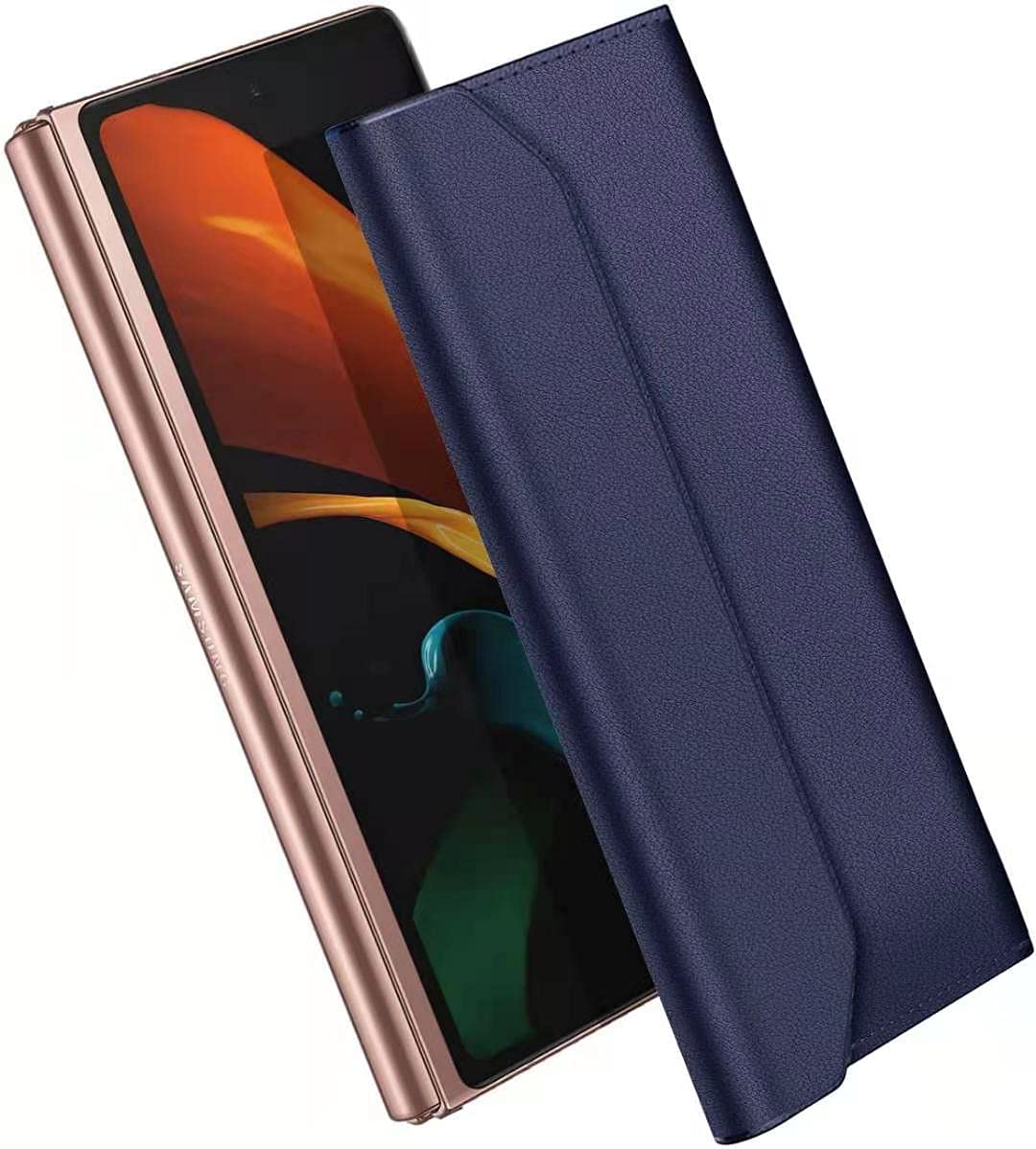 Midkart Leather Holster Compatible with Samsung Galaxy Z Fold 3 (2021) / Samsung Galaxy Z Fold 2 (2020) / Samsung Galaxy Fold (2019) / Xiaomi Mi Mix Fold / Huawei Mate X / XS Lichee Pattern Magnetic Closure Wallet Cover, Navy Blue