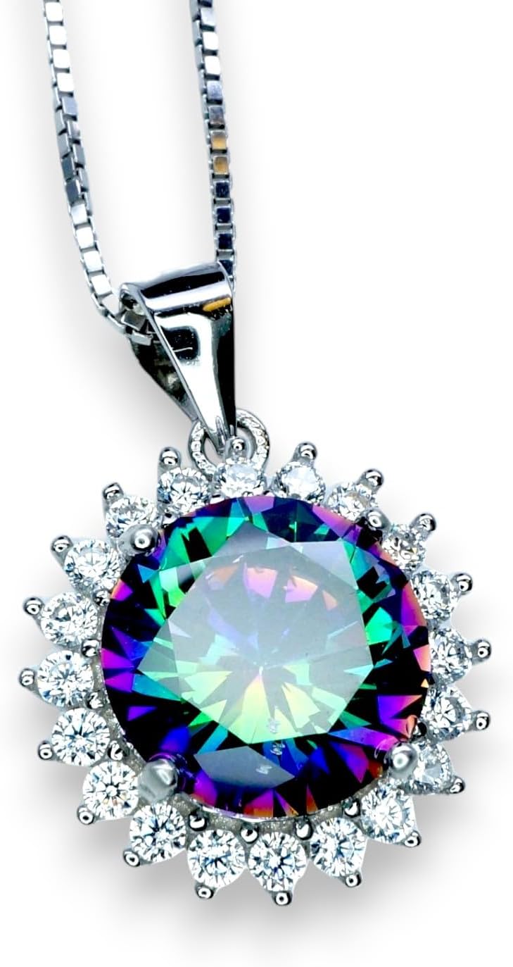 Mystic Topaz Sunflower Necklace for Women – 925 Sterling Silver White Gold Plated Pendant – 10mm Rainbow Gemstone – Princess Diana Style Jewelry Gift 363