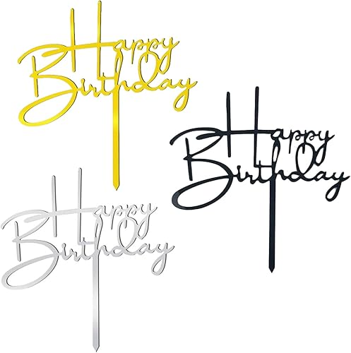 3 decoraciones acrílicas para tartas de feliz cumpleaños, decoración de cupcakes (negro plateado dorado)