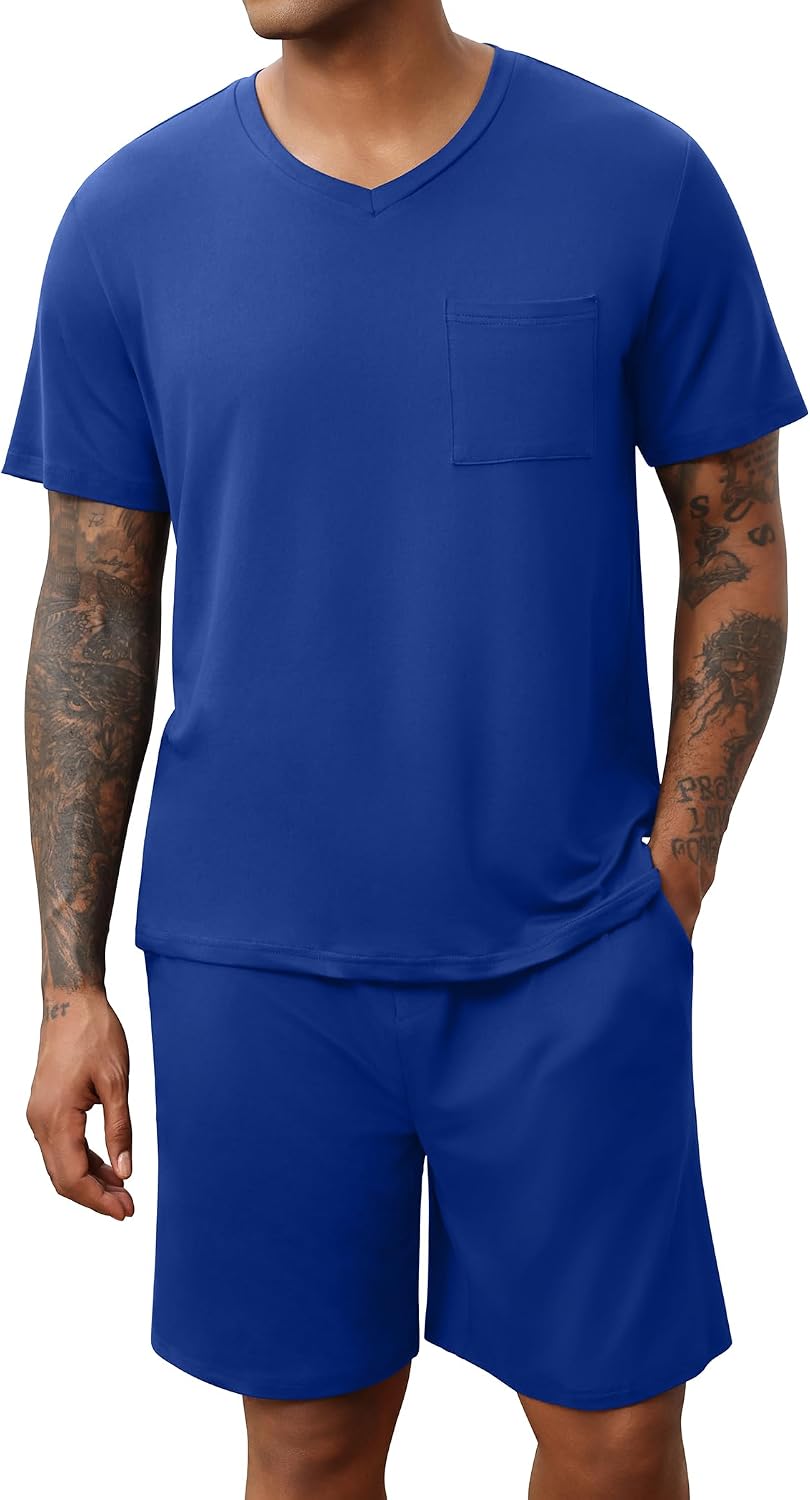 Ekouaer Mens Pajamas Set Soft Lounge Set V Neck Sleep Nightwear Short Sleeve Pjs with Pocket S-XXL