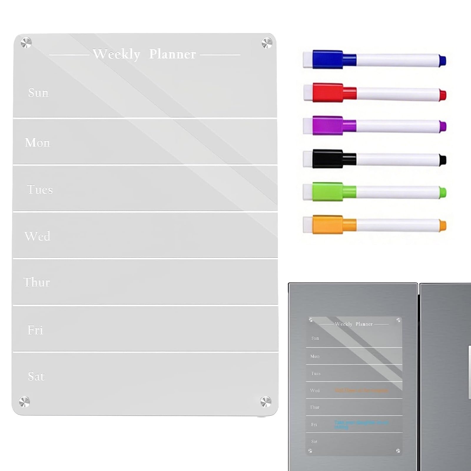 Writable Clear Whiteboard with 6 Markers - for Students，Magnetic Meal Planner Magnetic, Family Meals Organisation Tool, Teacher Planner Whiteboard Planner, Weekly Schedule Board for Kitchen Fridge
