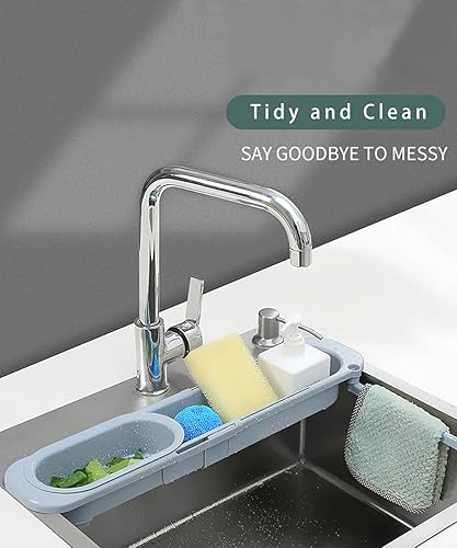 Miniatura 3 de Organizador de fregadero de cocina, soporte para cepillo de esponja, bandeja de drenaje, colgador de paños (verde), grande