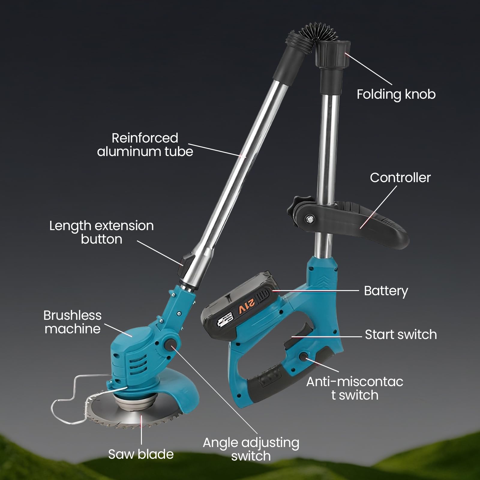 Coupe Bordure sans Fil,Debroussailleuse Electrique sans Fil,Debroussailleuse avec 2 Batteries Et Un Chargeur,Poignée Réglable,4 Types Lames Efficace pour Jardin Pelouse et Désherbage Facile (Bleu)