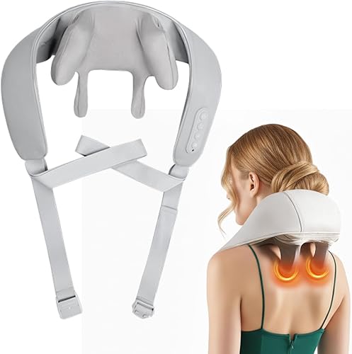 gigididi Masajeador de cuello y hombros Shiatsu inalámbrico 6D con calor, motor sin escobillas recargable, intensidades ajustables, cabeza extendida