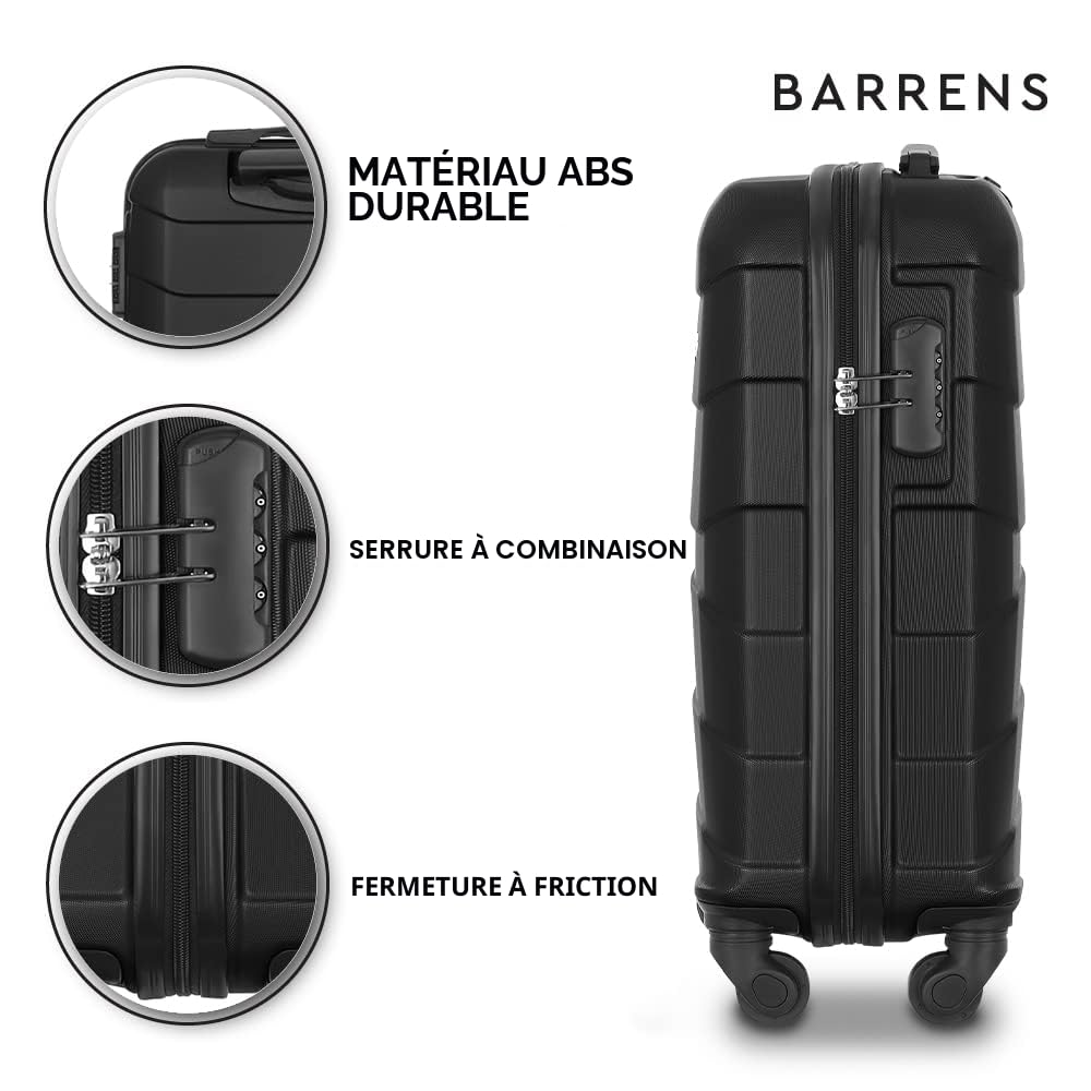 BARRENS Valise Cabine Rigide Bagage Cabine 55x40x20 Valises Leger a 4 Roues Silencieuses Serrure à Combinaison en ABS Ultra-Leger 34L avec Poignée Télescopique (Noir)