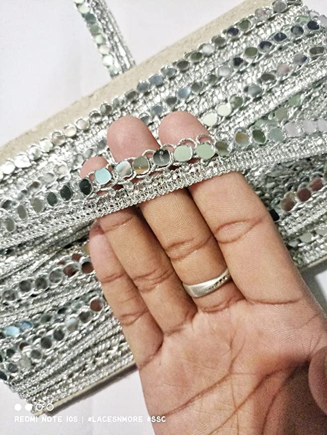 Silver Lace Mirror Work for Dupatta, Dresses/Sarees/Lehenga/Suits/Bags/Decorations/Borders/Crafts & Home Decor & Blouse Mirror lace Border lace (9mtr)