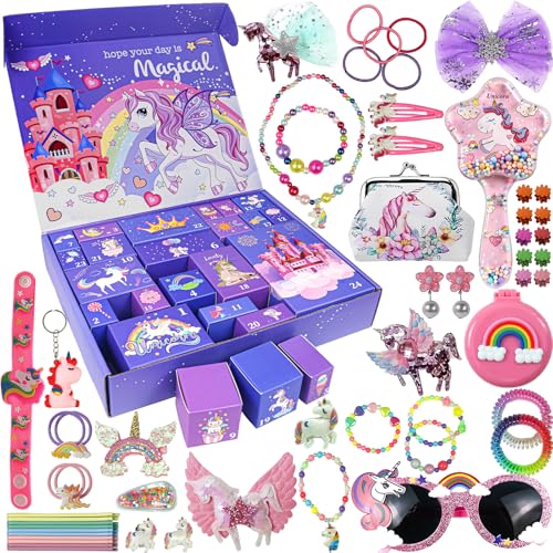 Adventskalender 2026 für Mädchen, Einhorn Weihnachts Countdown Kalender 24 Tage, Überraschungsgeschenke für Mädchen Einschließlich Haarschmuck, Haarspangen, Armbänder, Geldbörse