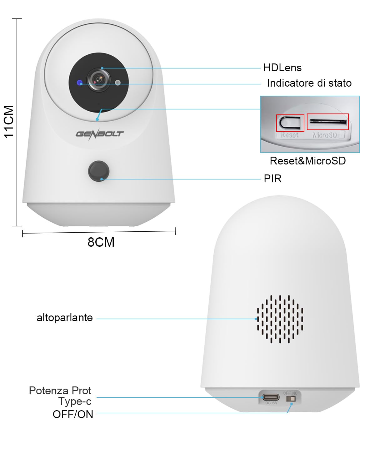 GENBOLT 2K Telecamera WiFi interna di sicurezza, telecamera IP domestici | Telecamera di videosorveglianza wireless CCTV a 2,4/5,8 GHz, alimentata a batteria da 5000 mAh, con rilevamento PIR