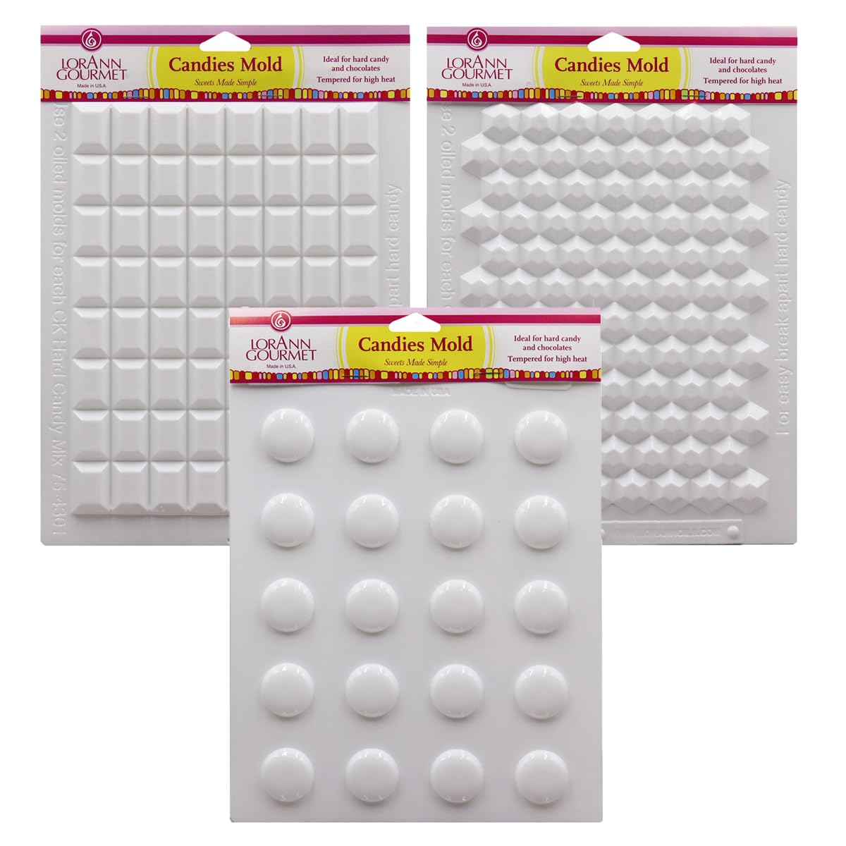 LorAnn Hard Candy Making Mold Gems Set - Includes Rectangle, Hexagon and Disc Molds