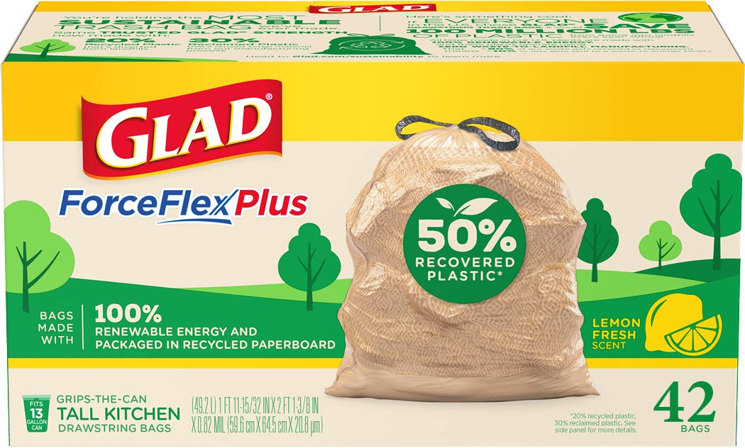 Glad 50% Recovered Plastic ForceFlexPlus Tall Kitchen Drawstring Bags, 13 Gallon Trash Bags, Bags made with 100% Renewable Energy and Recycled Paperboard Packaging, Lemon Fresh Scent, 42 Count