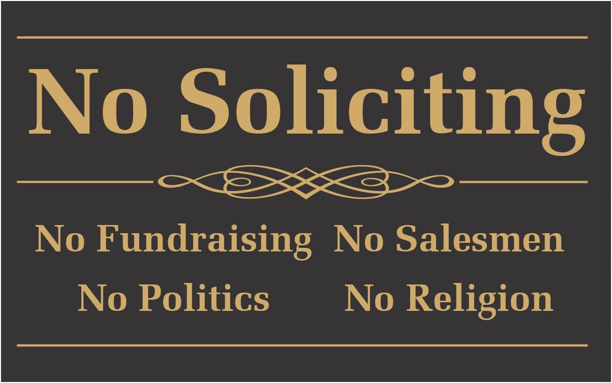 No Soliciting Sign - 2 Pack - 4 x 2.5 inches - Self Adhesive Stickers for Indoor & Outdoor Use, Waterproof - No Fundraising, Salesmen, Politics, Religion