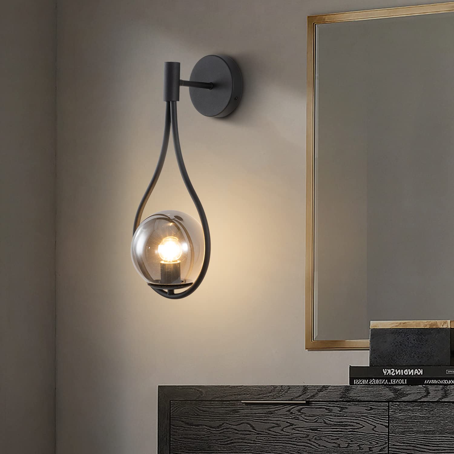 KCO Lighting Lampada da Parete Moderna a Globo di Metà Secolo Con Paralume Grigio Fumo, Wireless, Nero e Grigio Fumo per Soggiorno, Camera da Letto, Corridoio