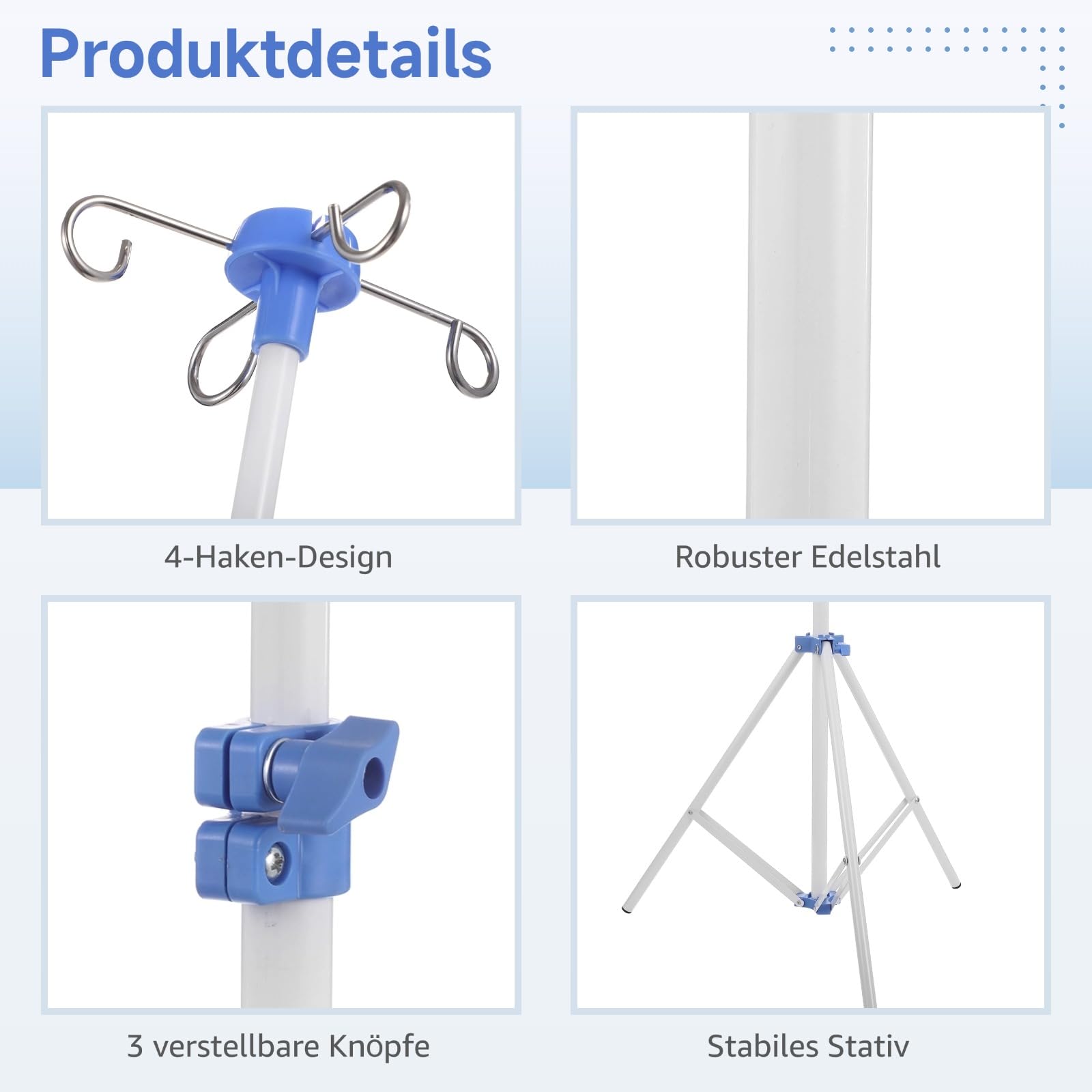 Verstellbarer Infusionsständer, tragbarer Infusionsständer für unterwegs und zu Hause, faltbarer Infusionsständer mit 4 Haken, Edelstahl-Infusionshalter mit 3 Infusionsnetzen, 77–192cm (weiß)